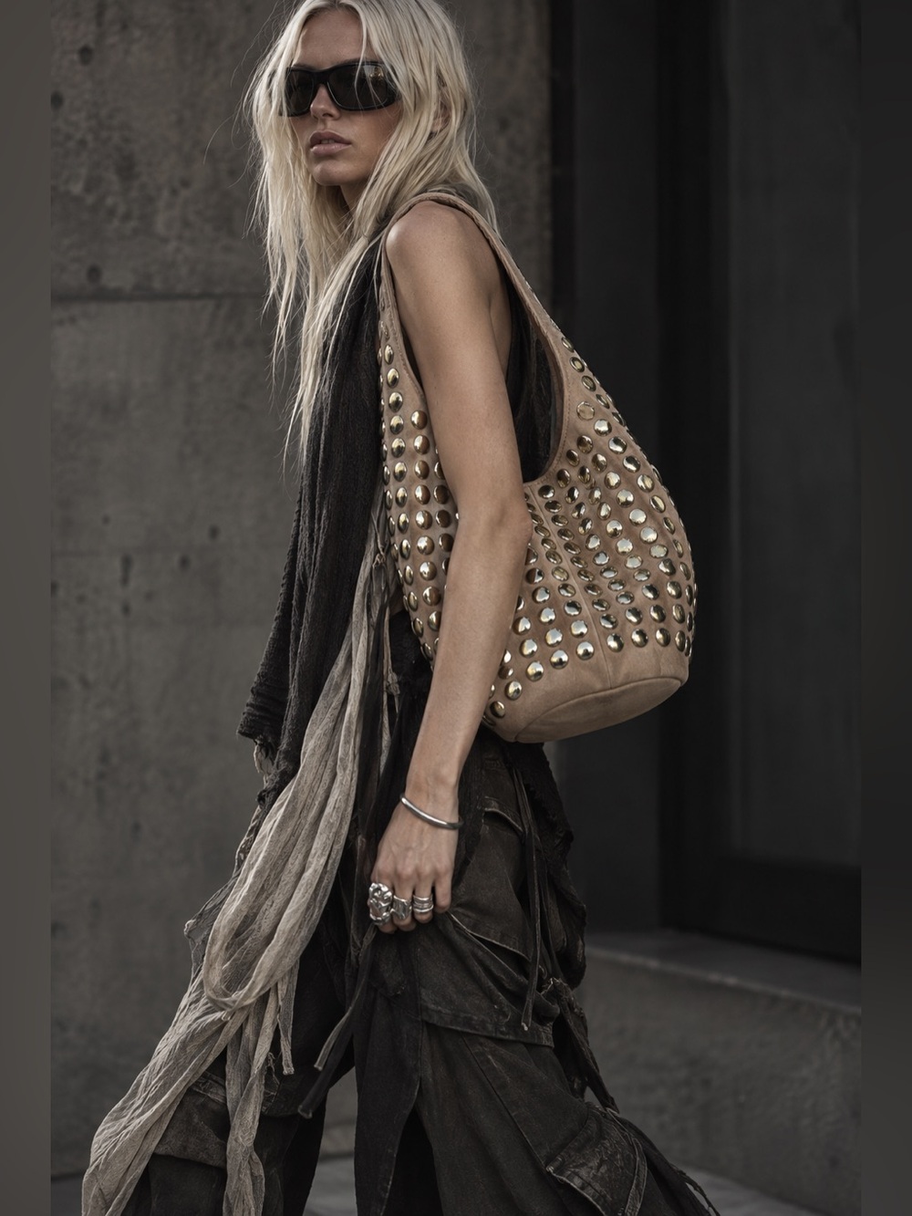 MADDEN NYC Studded Suede Hobo Shoulder Bag Tan Gold Y2K